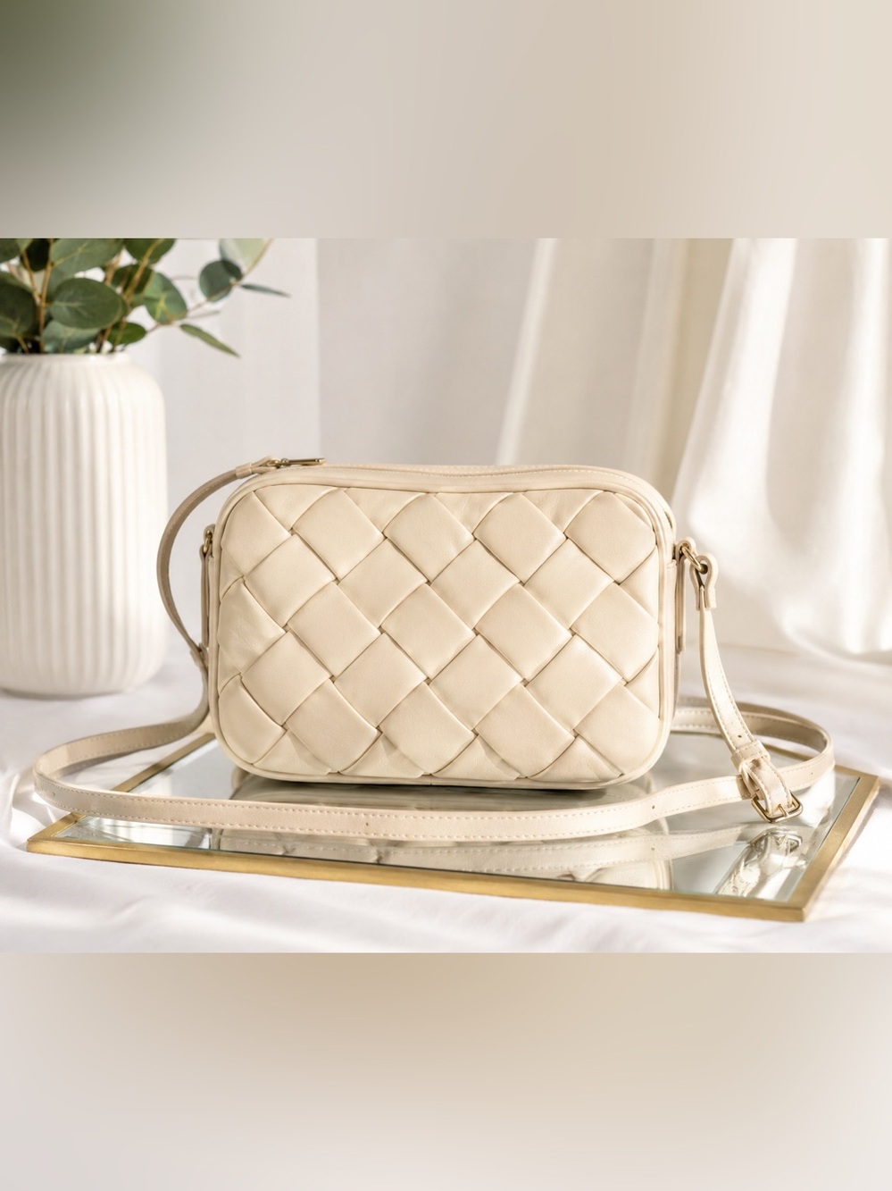Braided Cream Leather Crossbody Bag with Gold Hardware
